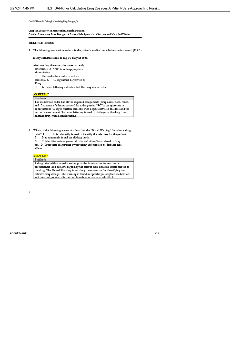 Test Bank for Calculating Drug Dosages: A Patient-Safe Approach to Nursing and Math 2nd Edition by Castillo, and Werner-McCullough - Image 3